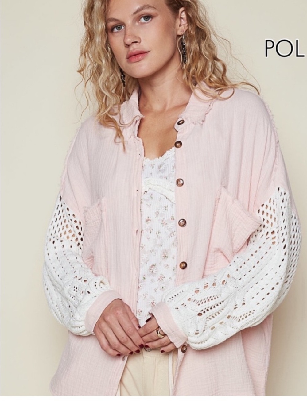 POL Pink Button-Down Shirt with White Crochet Sleeves